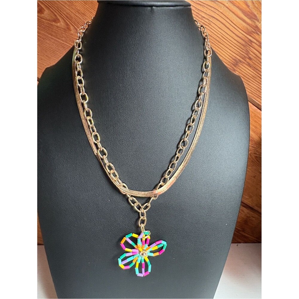 Gold-Tone Layered Necklace with Multicolor Flower Pendant